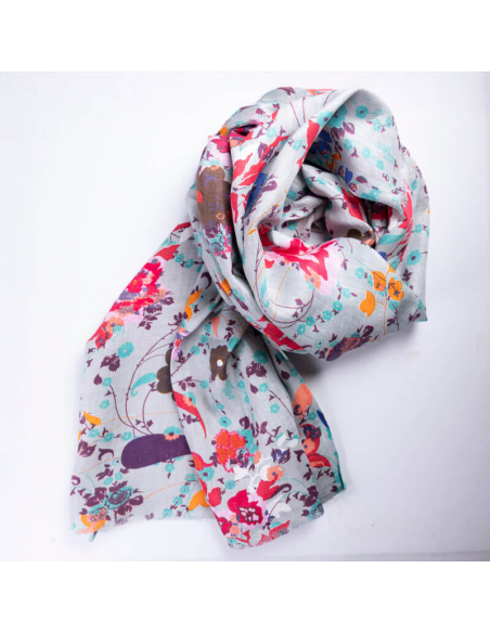Étole 100% lin – Fleurs multicolores fond gris