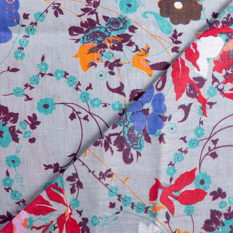 Étole 100% lin – Fleurs multicolores fond gris
