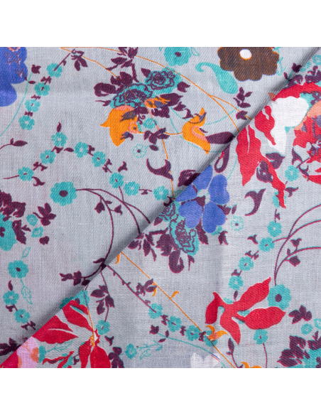 Étole 100% lin – Fleurs multicolores fond gris