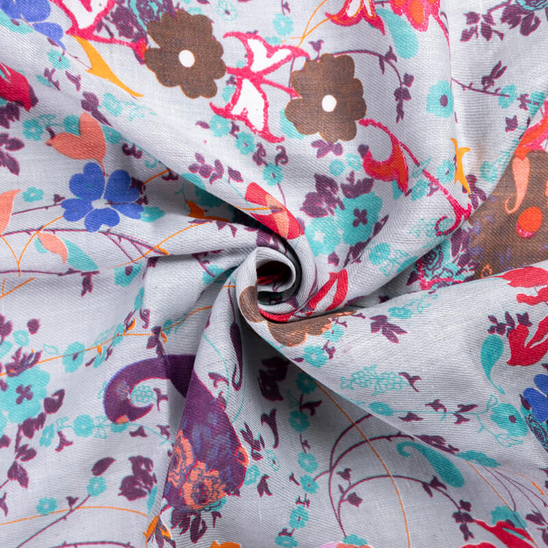 Étole 100% lin – Fleurs multicolores fond gris