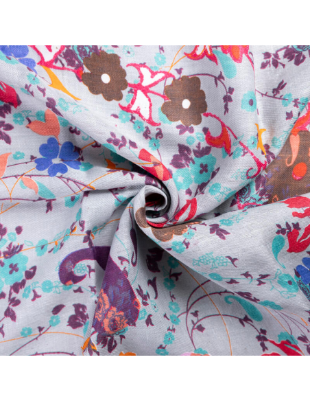 Étole 100% lin – Fleurs multicolores fond gris