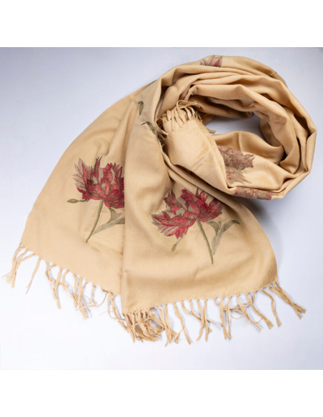 Étole 100% laine brodée – Fleurs prunes sur fond beige
