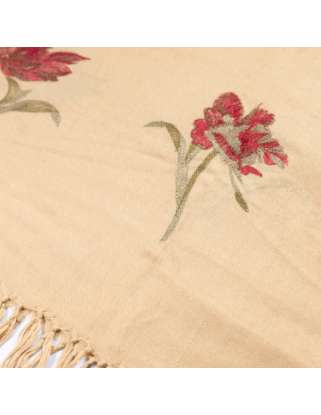 Étole 100% laine brodée – Fleurs prunes sur fond beige