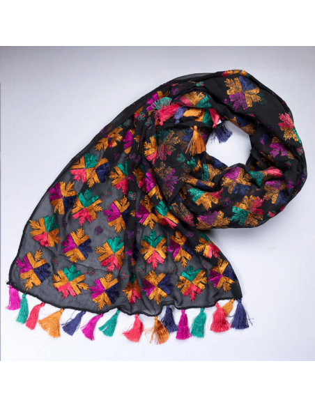 Étole 100% soie brodée – Fond noir broderies multicolores