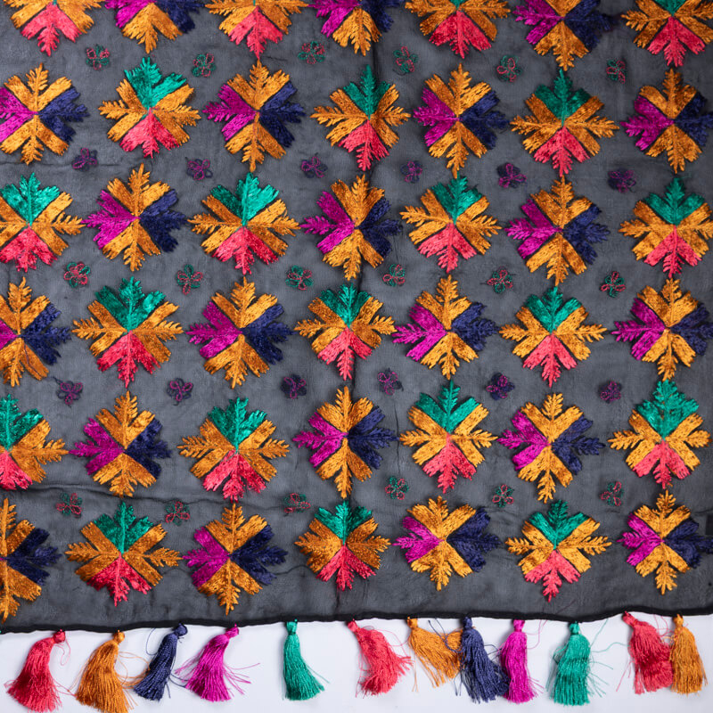 Étole 100% soie brodée – Fond noir broderies multicolores