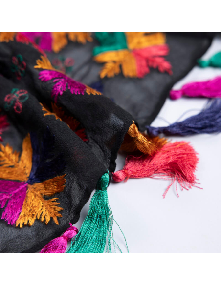 Étole 100% soie brodée – Fond noir broderies multicolores