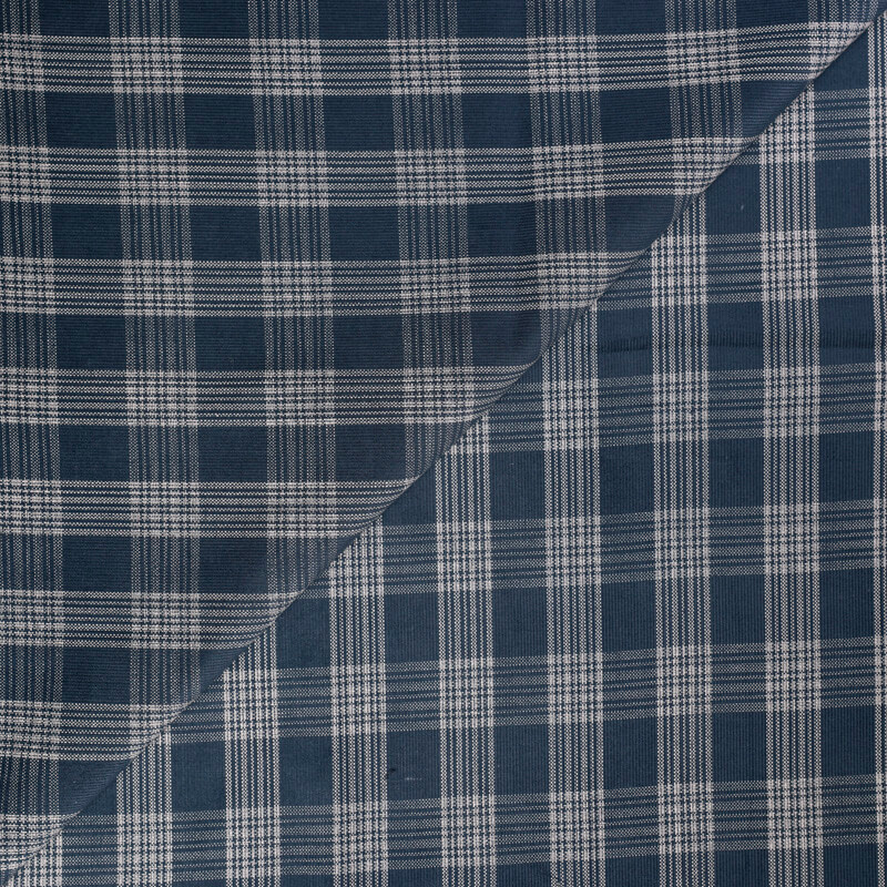 Velours côtelé babycord 100% coton – Carreaux marine écru