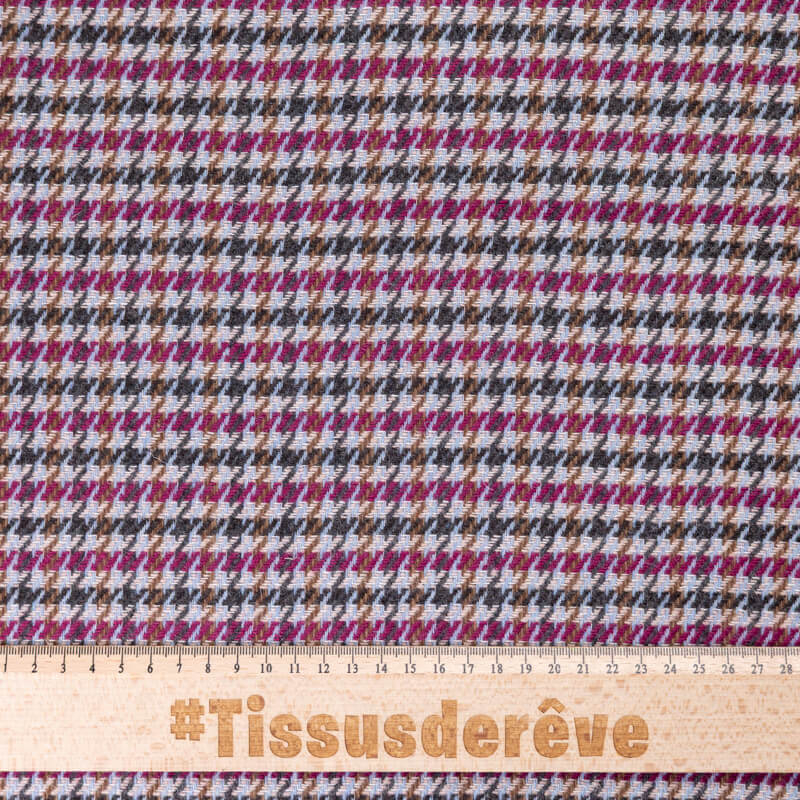 Tweed de laine - Pieds de poule bordeaux, bleu & marron