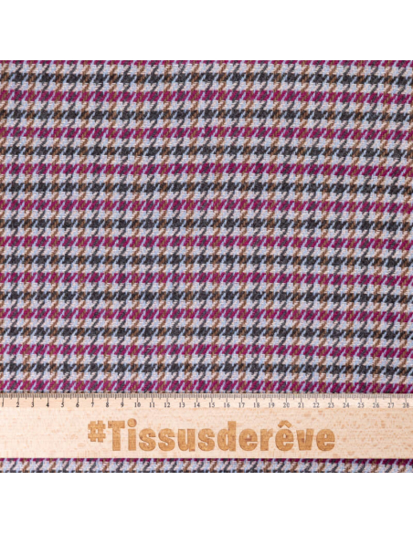 Tweed de laine - Pieds de poule bordeaux, bleu & marron