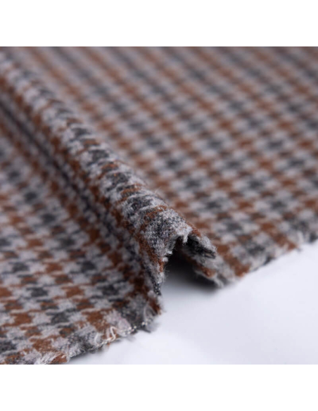 Tweed de laine - Pieds de poule marron, gris & noir