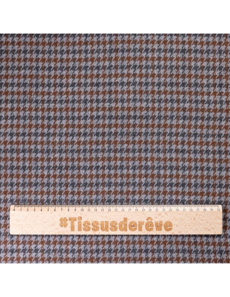 Tweed de laine - Pieds de poule marron, gris & noir