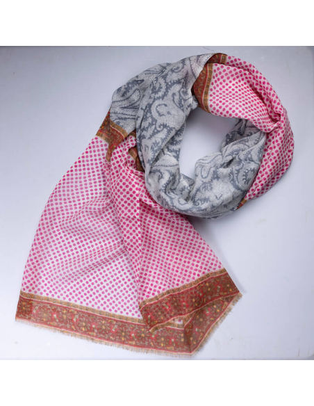 Étole laine & soie - Motif cachemire gris & pois roses