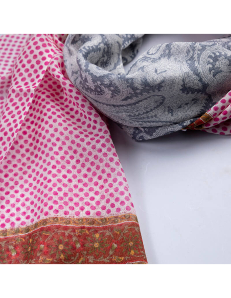 Étole laine & soie - Motif cachemire gris & pois roses