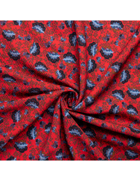 Crépon – Fleurs stylisées fond rouge