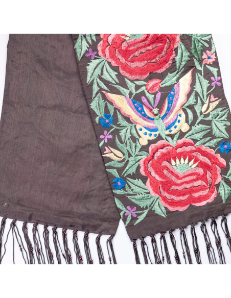 Tour de cou 100% soie – Broderie fleurs et papillons sur fond marron