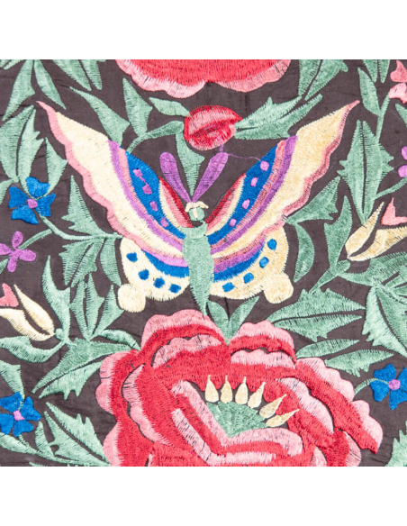 Tour de cou 100% soie – Broderie fleurs et papillons sur fond marron