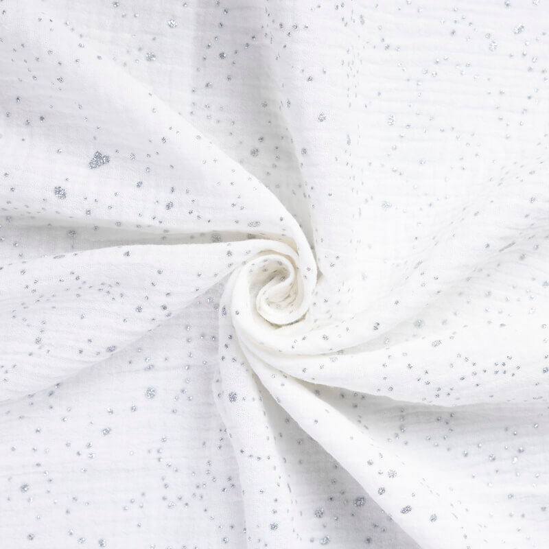 Double gaze 100% coton - Paillettes argentées sur fond blanc cassé