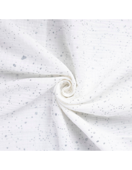 Double gaze 100% coton - Paillettes argentées sur fond blanc cassé