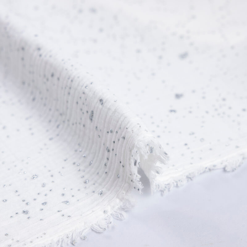 Double gaze 100% coton - Paillettes argentées sur fond blanc cassé