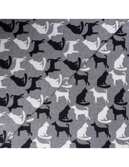 Jersey jacquard coton & élasthanne - Chat blanc et noir fond gris
