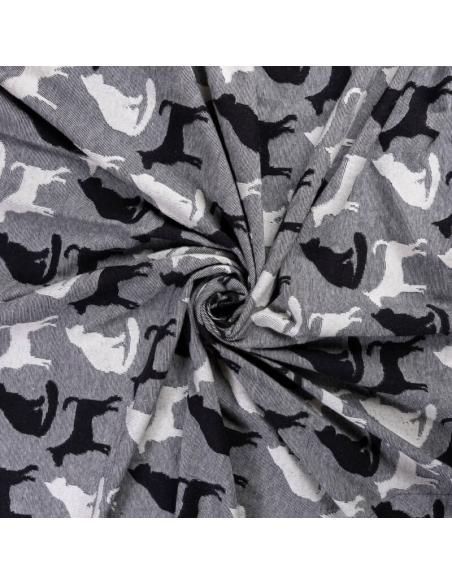 Jersey jacquard coton & élasthanne - Chat blanc et noir fond gris