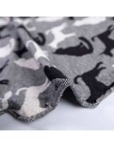 Jersey jacquard coton & élasthanne - Chat blanc et noir fond gris