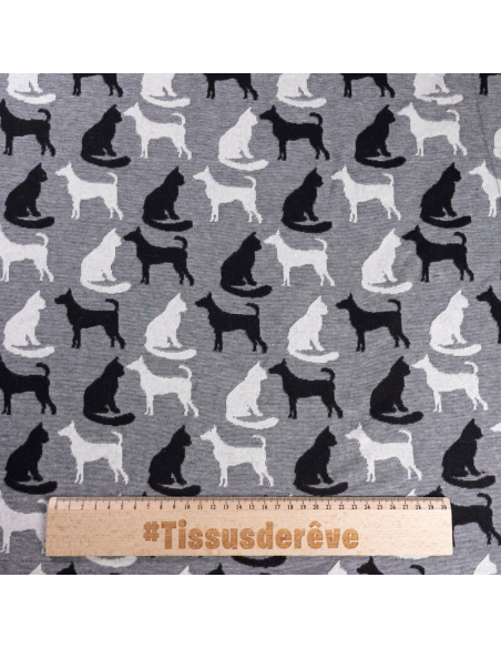 Jersey jacquard coton & élasthanne - Chat blanc et noir fond gris