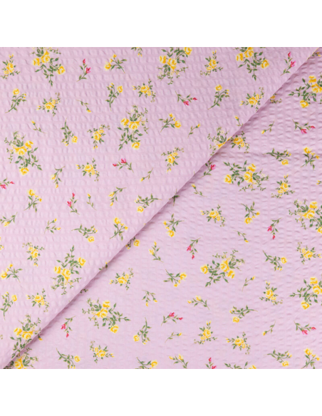 Seersucker 100% coton – Petites fleurs jaunes fond rose