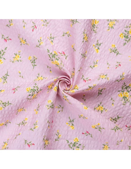 Seersucker 100% coton – Petites fleurs jaunes fond rose