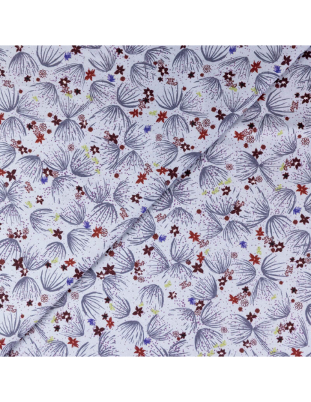 Gabardine coton & élasthanne - Fleurs marron et violet fond gris clair