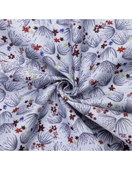 Gabardine coton & élasthanne - Fleurs marron et violet fond gris clair