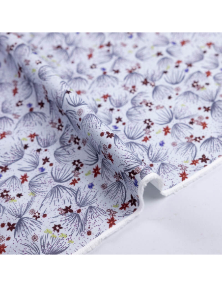 Gabardine coton & élasthanne - Fleurs marron et violet fond gris clair