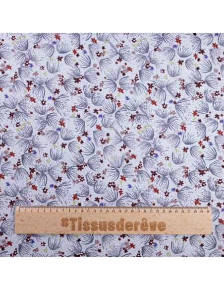 Gabardine coton & élasthanne - Fleurs marron et violet fond gris clair