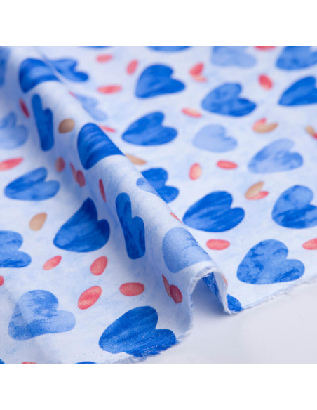 Popeline 100% coton - Cœur bleu fond ciel
