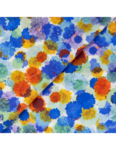 Popeline 100% coton – Fleurs multicolores ton bleu