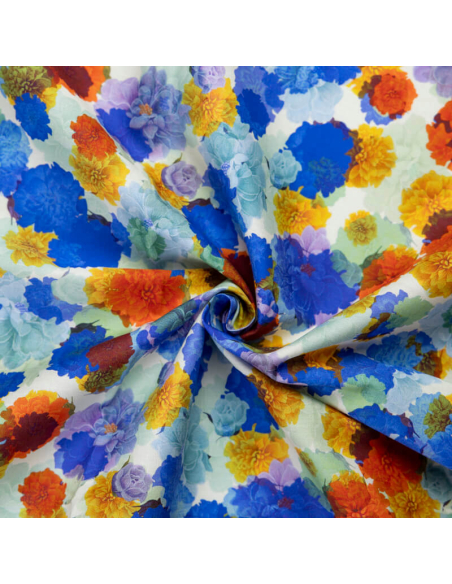 Popeline 100% coton – Fleurs multicolores ton bleu