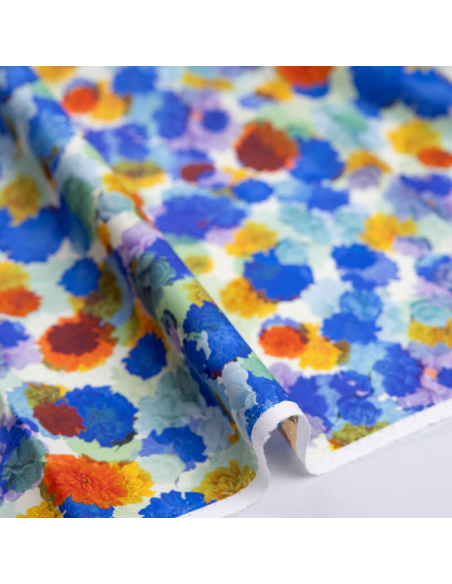 Popeline 100% coton – Fleurs multicolores ton bleu