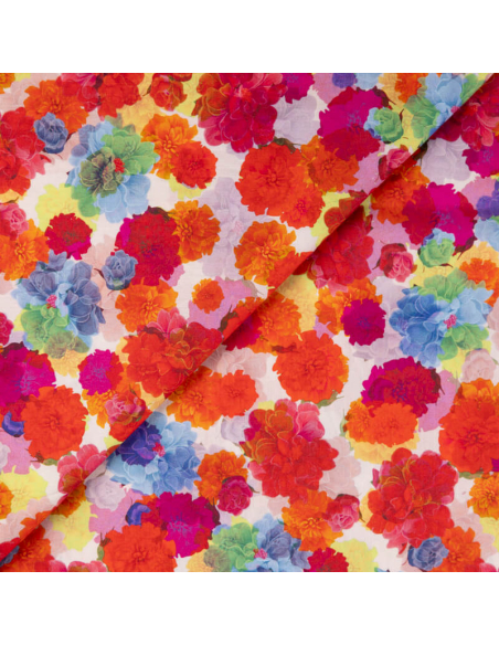 Popeline 100% coton – Fleurs multicolores ton rouge