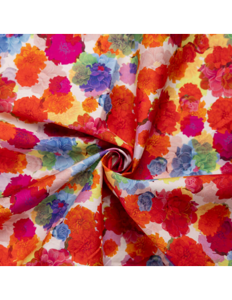Popeline 100% coton – Fleurs multicolores ton rouge
