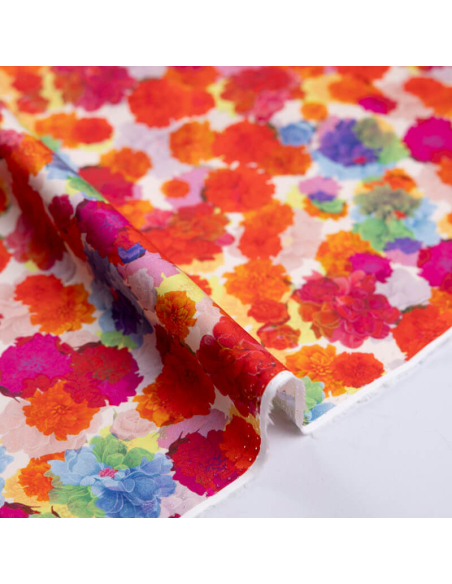 Popeline 100% coton – Fleurs multicolores ton rouge