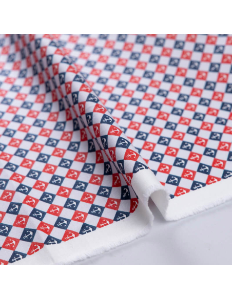 Popeline 100% coton organique – Ancres rouge & bleu