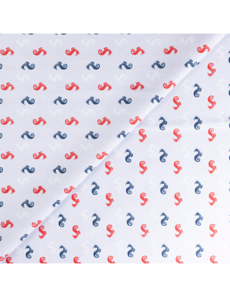 Popeline 100% coton organique – Hippocampes rouge bleu