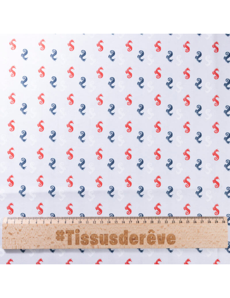 Popeline 100% coton organique – Hippocampes rouge bleu