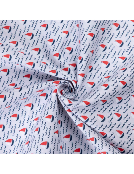Popeline 100% coton organique – Voiliers rouges et bleus