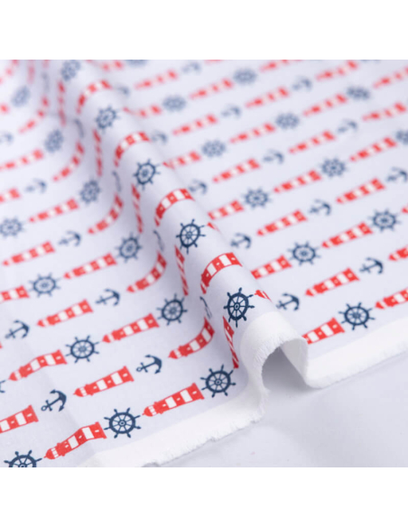 Popeline 100% coton organique – Phares rouges et ancres