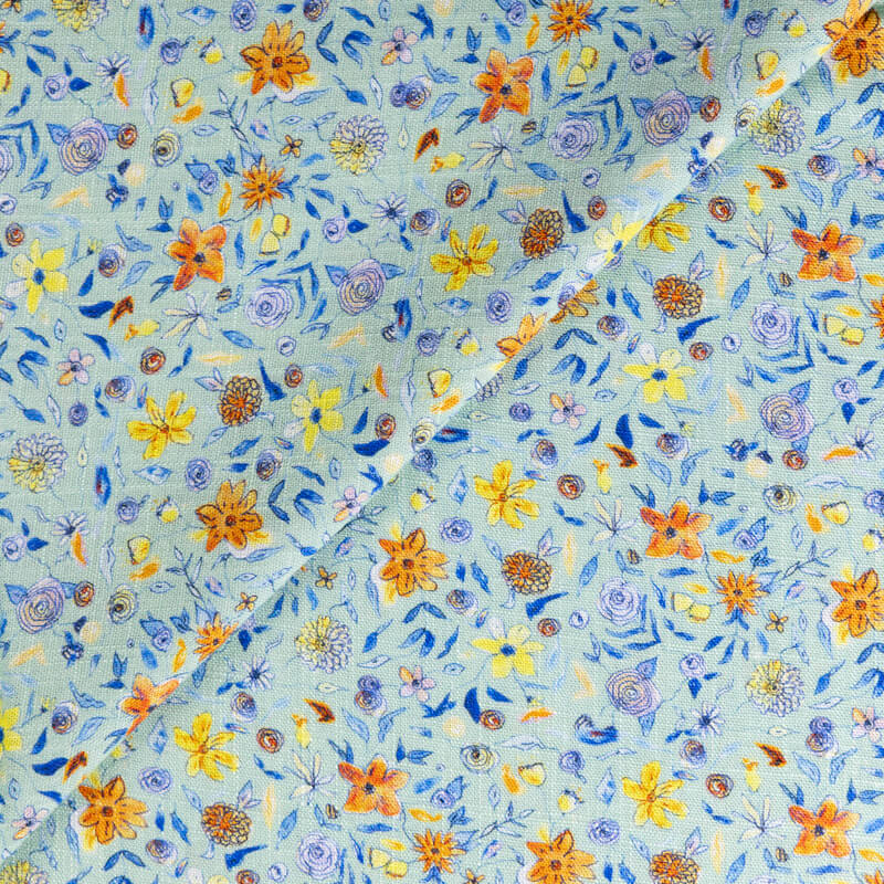 Étoffe de lin & viscose - Fleurs...
