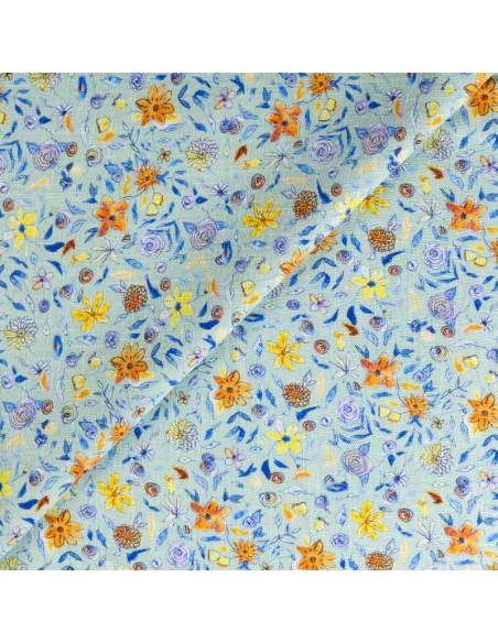 Étoffe de lin & viscose - Fleurs multicolores fond vert d’eau