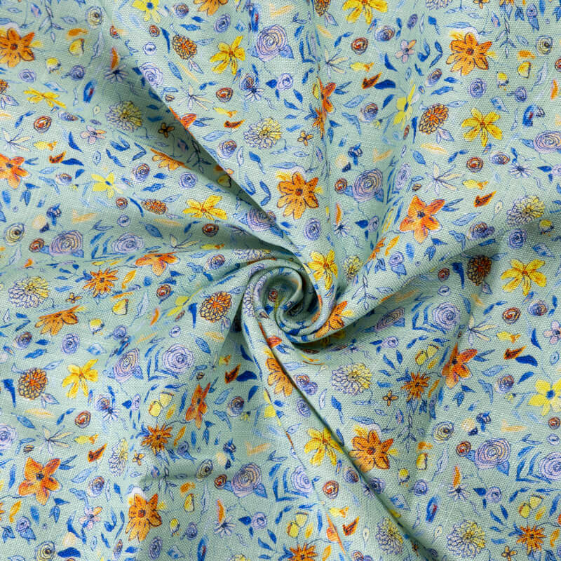 Étoffe de lin & viscose - Fleurs...