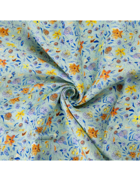Étoffe de lin & viscose - Fleurs multicolores fond vert d’eau