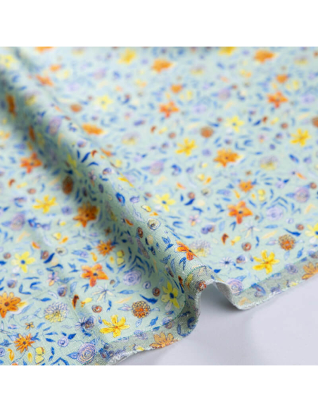 Étoffe de lin & viscose - Fleurs multicolores fond vert d’eau